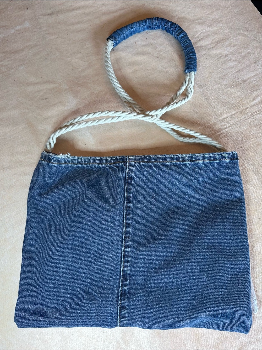 Denim Blue Handbag with Ruffle and Rope Handle - Picture 2 of 3